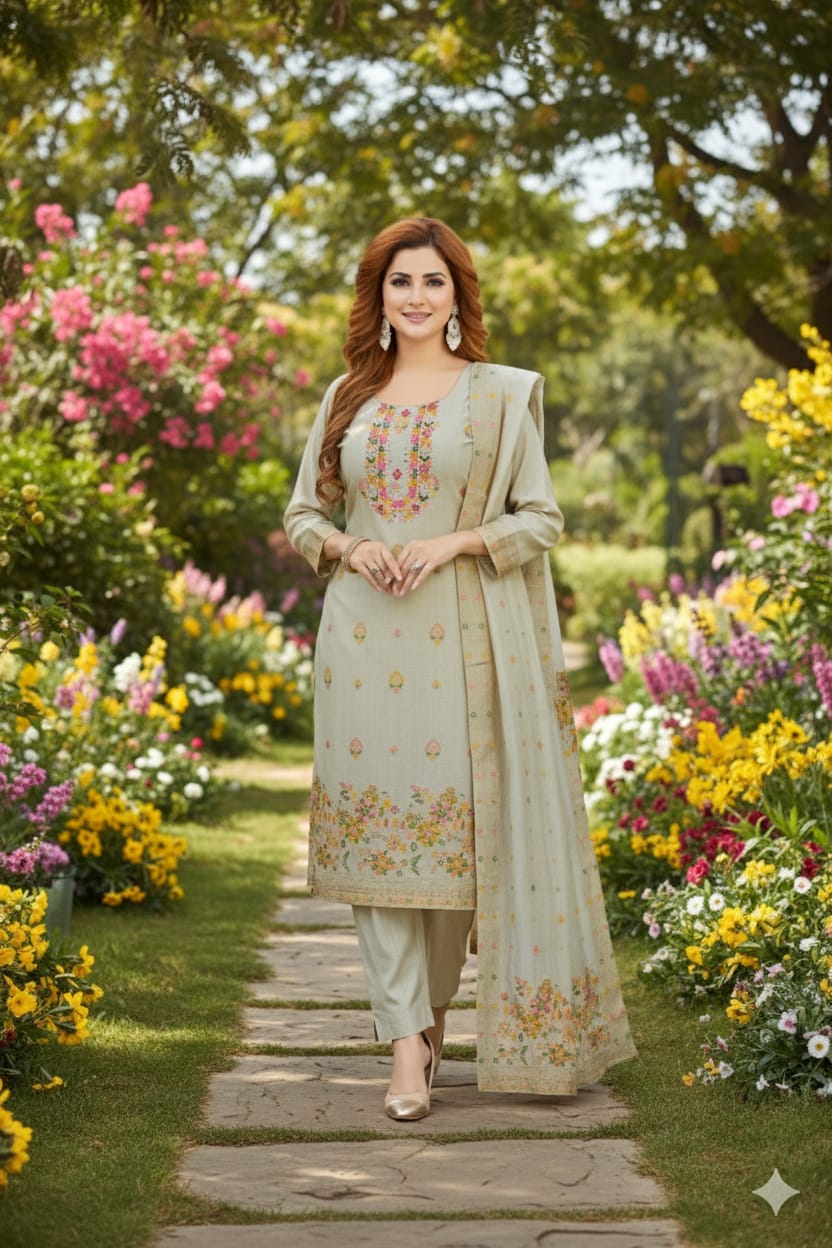 Shree Shanti Selection - Beige Printed Straight Suit with Dupatta